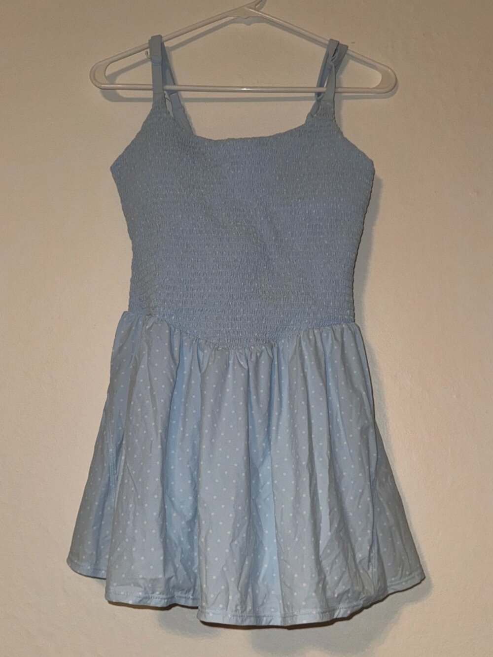 JoyLab Light Blue Polka Dot Smocked Active Mini Dress